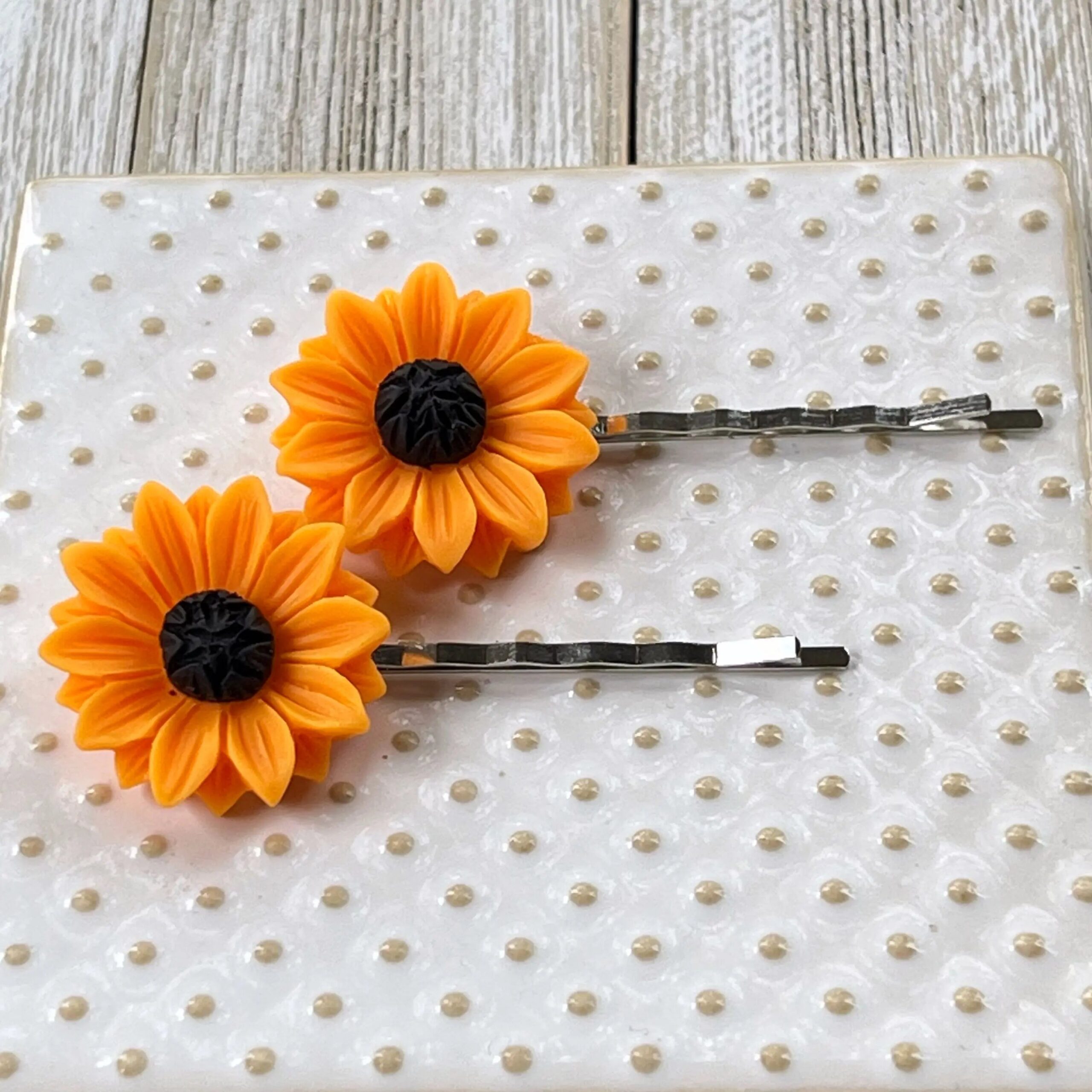 IMG_7439 Large Orange Sunflower Hair Pins – Bright Floral Hair Accessories Set of 2 - Image 4