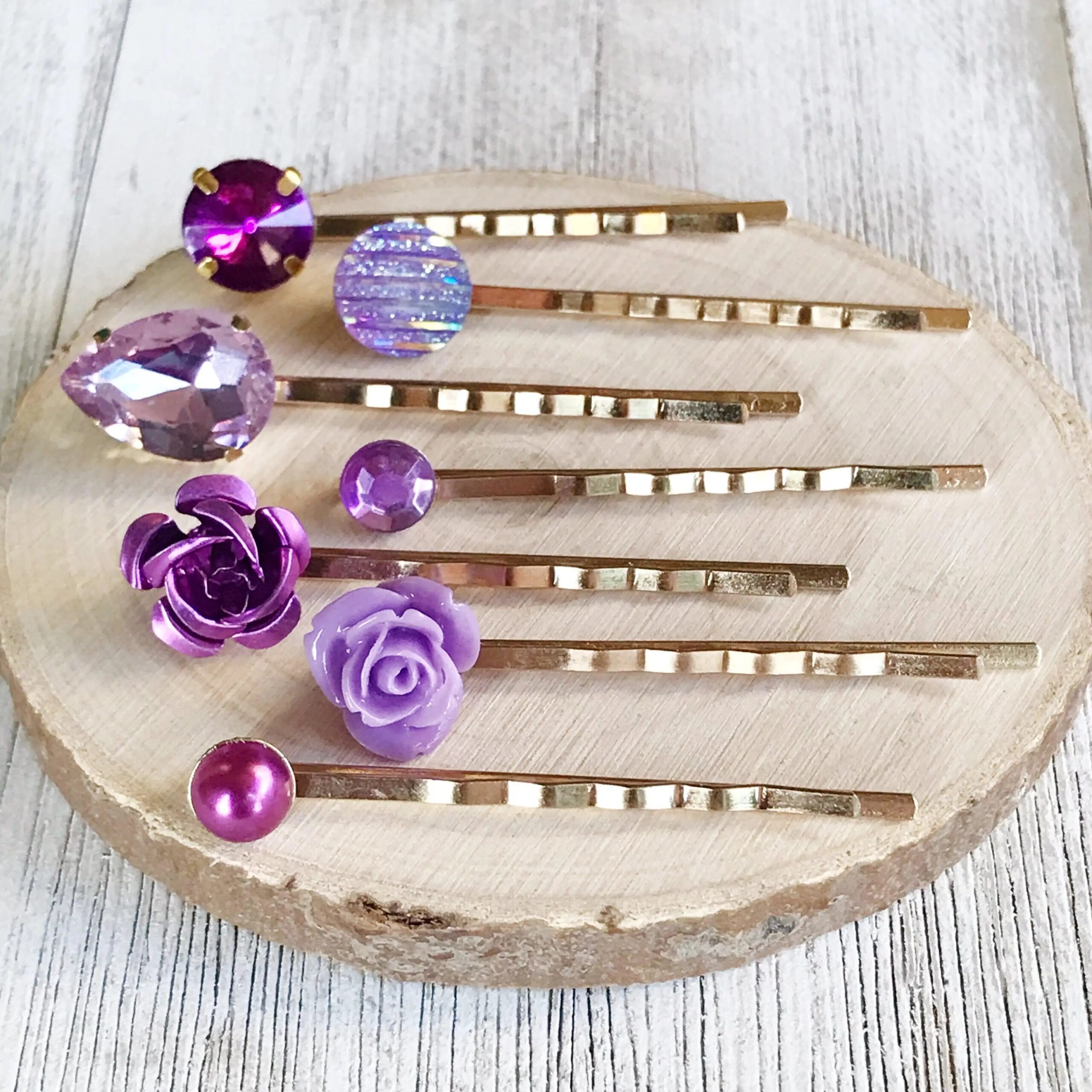 Purple-Gold-Hair-Pins-Neutral-Hair-Pin-Minimalist-Wedding-Hair-Jewelry-Women-Hair-Clip-Modern-Bobby-Pins-Lavender-Flower-Hair-Barrettes-2 Purple Hair Pins Set of 7 – Gold Rhinestone Bobby Pins - Image 3