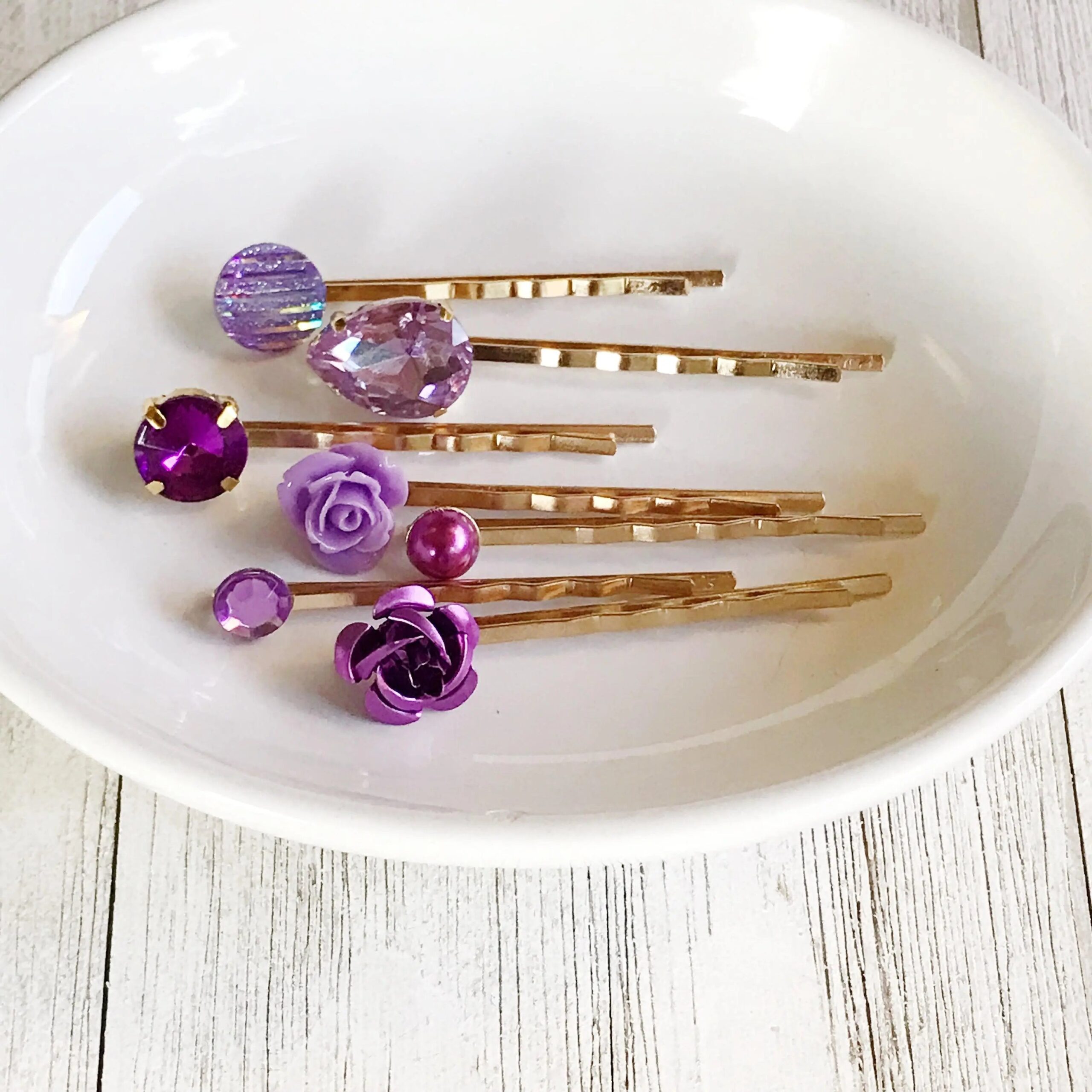 Purple-Gold-Hair-Pins-Neutral-Hair-Pin-Minimalist-Wedding-Hair-Jewelry-Women-Hair-Clip-Modern-Bobby-Pins-Lavender-Flower-Hair-Barrettes-3 Purple Hair Pins Set of 7 – Gold Rhinestone Bobby Pins - Image 4