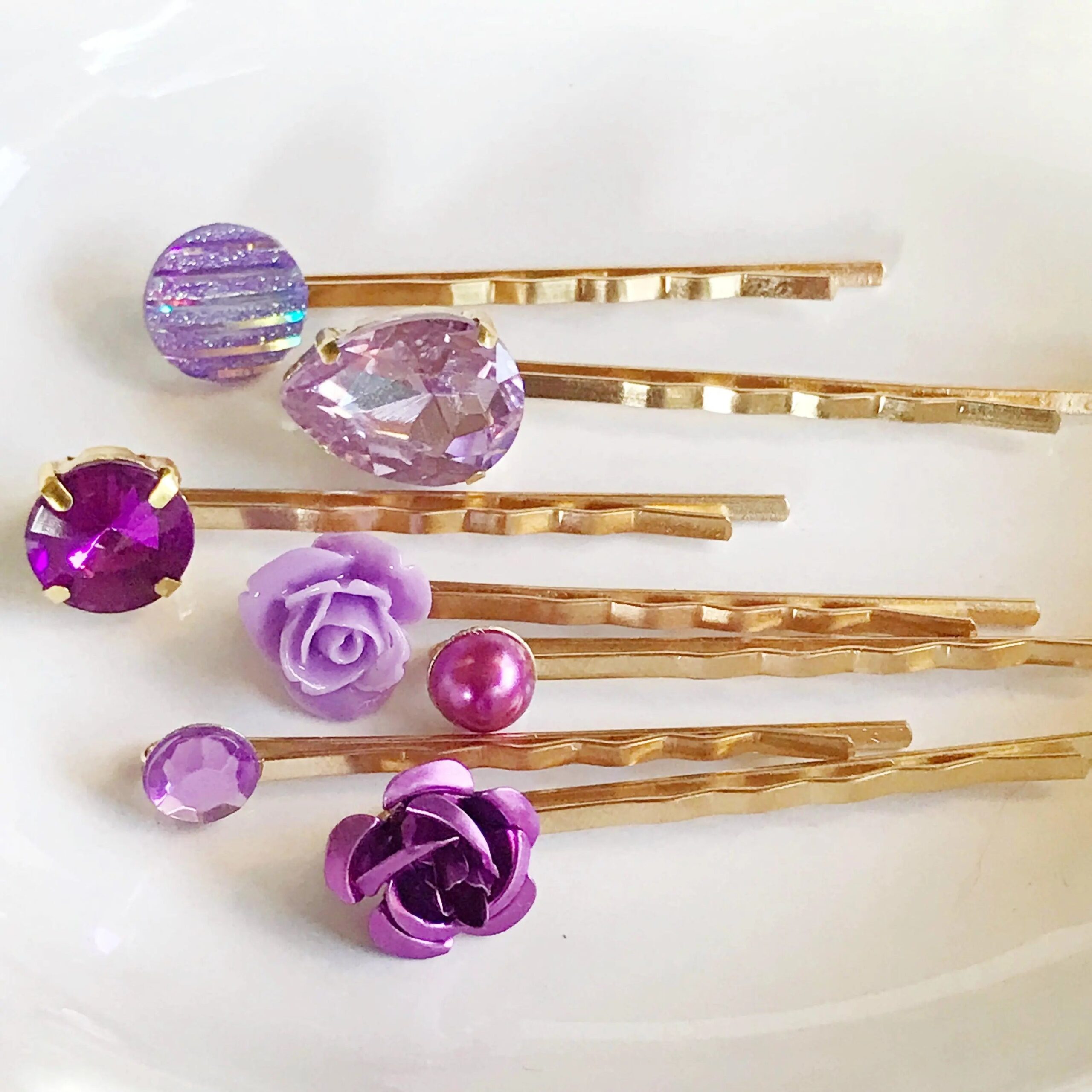 Purple-Gold-Hair-Pins-Neutral-Hair-Pin-Minimalist-Wedding-Hair-Jewelry-Women-Hair-Clip-Modern-Bobby-Pins-Lavender-Flower-Hair-Barrettes-4 Purple Hair Pins Set of 7 – Gold Rhinestone Bobby Pins - Image 5