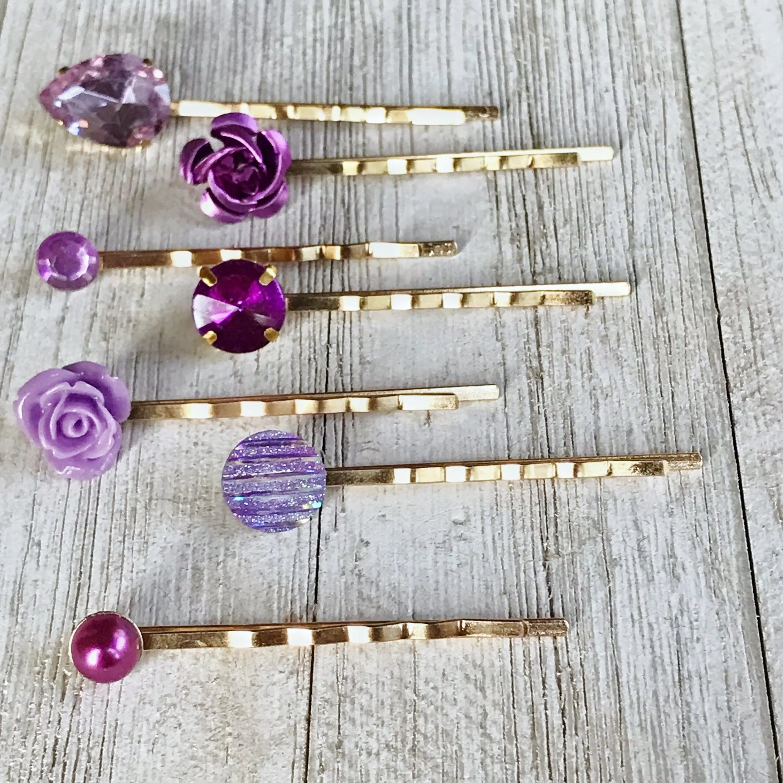 Purple-Gold-Hair-Pins-Neutral-Hair-Pin-Minimalist-Wedding-Hair-Jewelry-Women-Hair-Clip-Modern-Bobby-Pins-Lavender-Flower-Hair-Barrettes-5 Purple Hair Pins Set of 7 – Gold Rhinestone Bobby Pins - Image 6