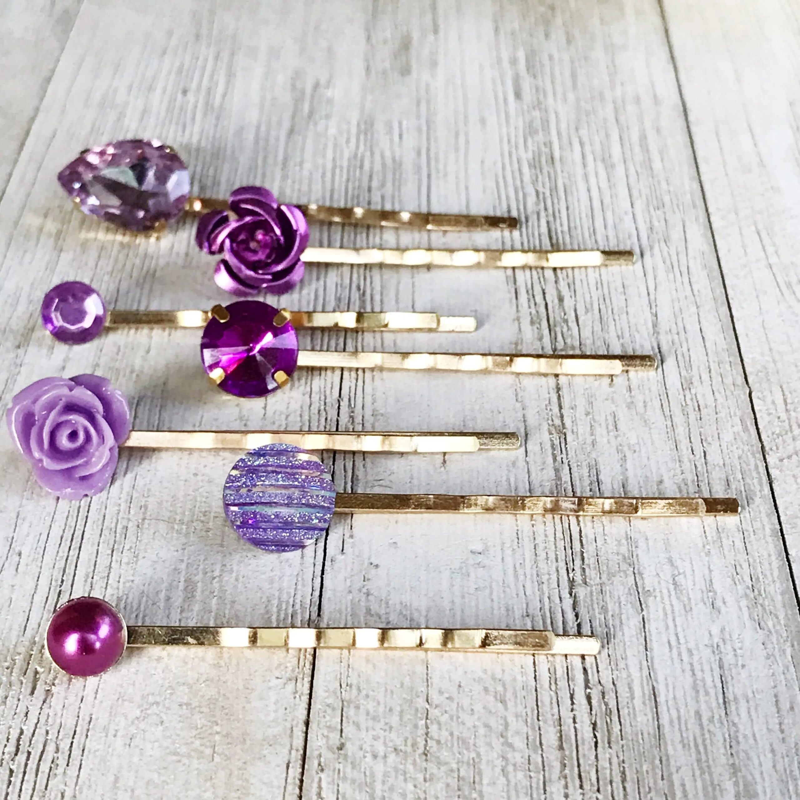 Purple-Gold-Hair-Pins-Neutral-Hair-Pin-Minimalist-Wedding-Hair-Jewelry-Women-Hair-Clip-Modern-Bobby-Pins-Lavender-Flower-Hair-Barrettes-6 Purple Hair Pins Set of 7 – Gold Rhinestone Bobby Pins - Image 7