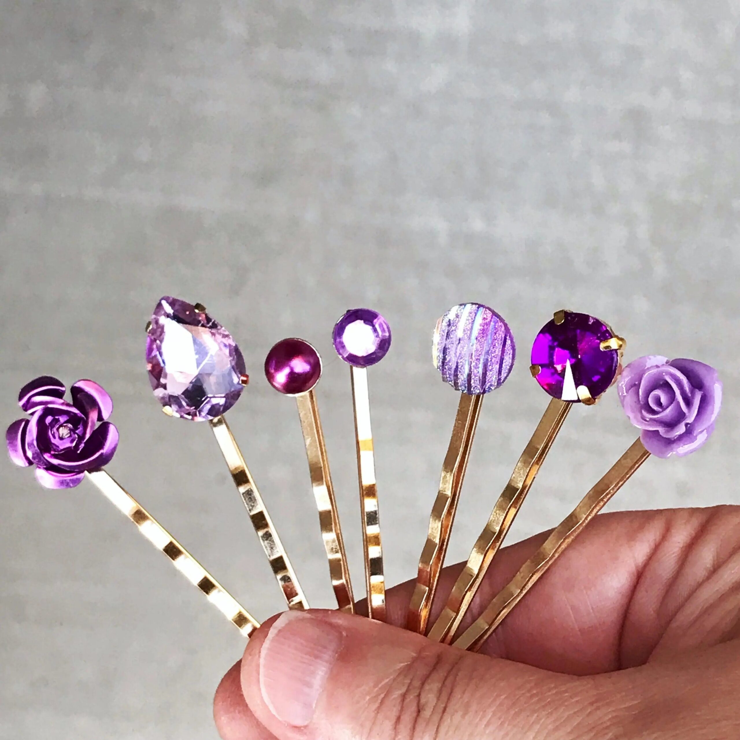 Purple-Gold-Hair-Pins-Neutral-Hair-Pin-Minimalist-Wedding-Hair-Jewelry-Women-Hair-Clip-Modern-Bobby-Pins-Lavender-Flower-Hair-Barrettes-7 Purple Hair Pins Set of 7 – Gold Rhinestone Bobby Pins - Image 8