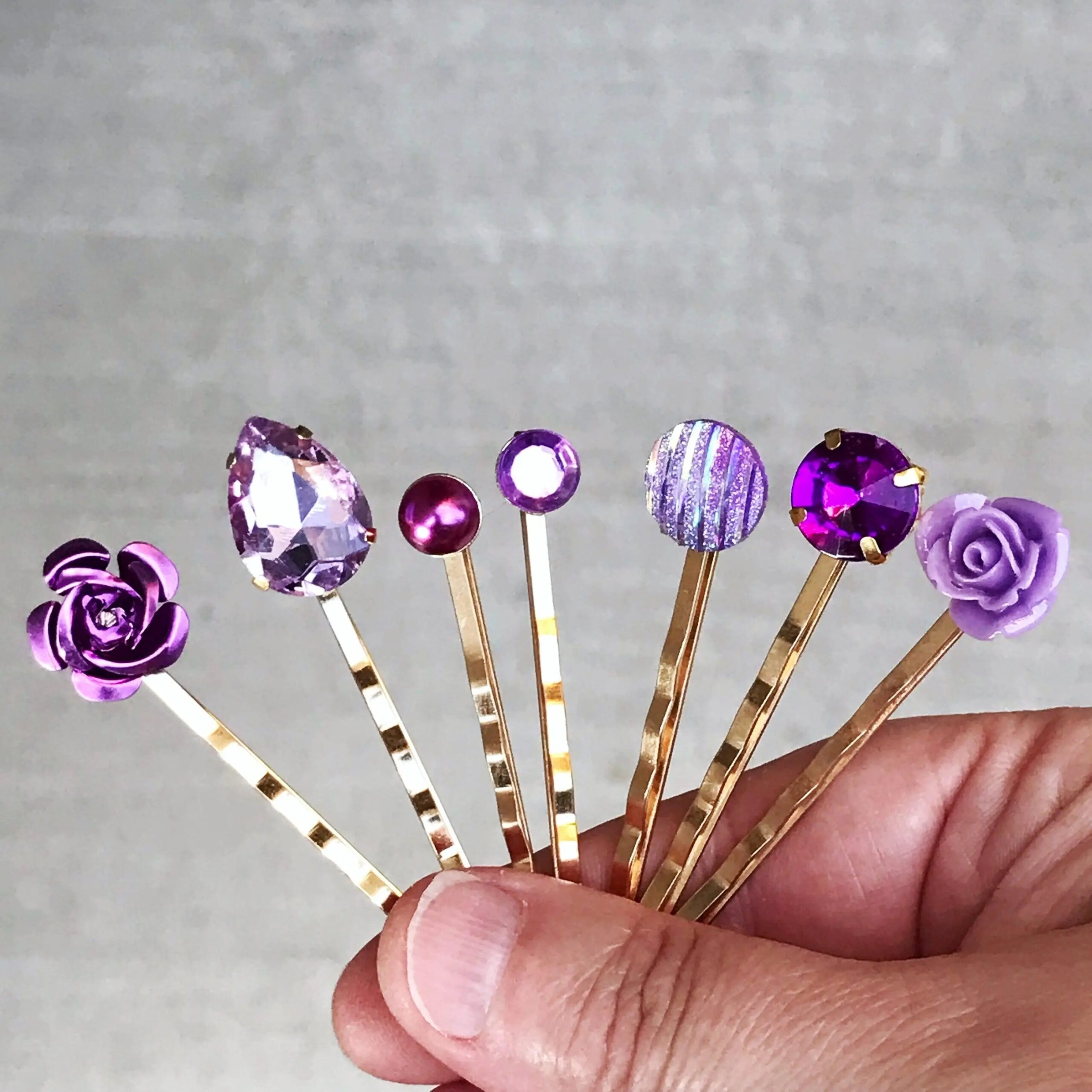 Purple-Gold-Hair-Pins-Neutral-Hair-Pin-Minimalist-Wedding-Hair-Jewelry-Women-Hair-Clip-Modern-Bobby-Pins-Lavender-Flower-Hair-Barrettes-8 Purple Hair Pins Set of 7 – Gold Rhinestone Bobby Pins - Image 9