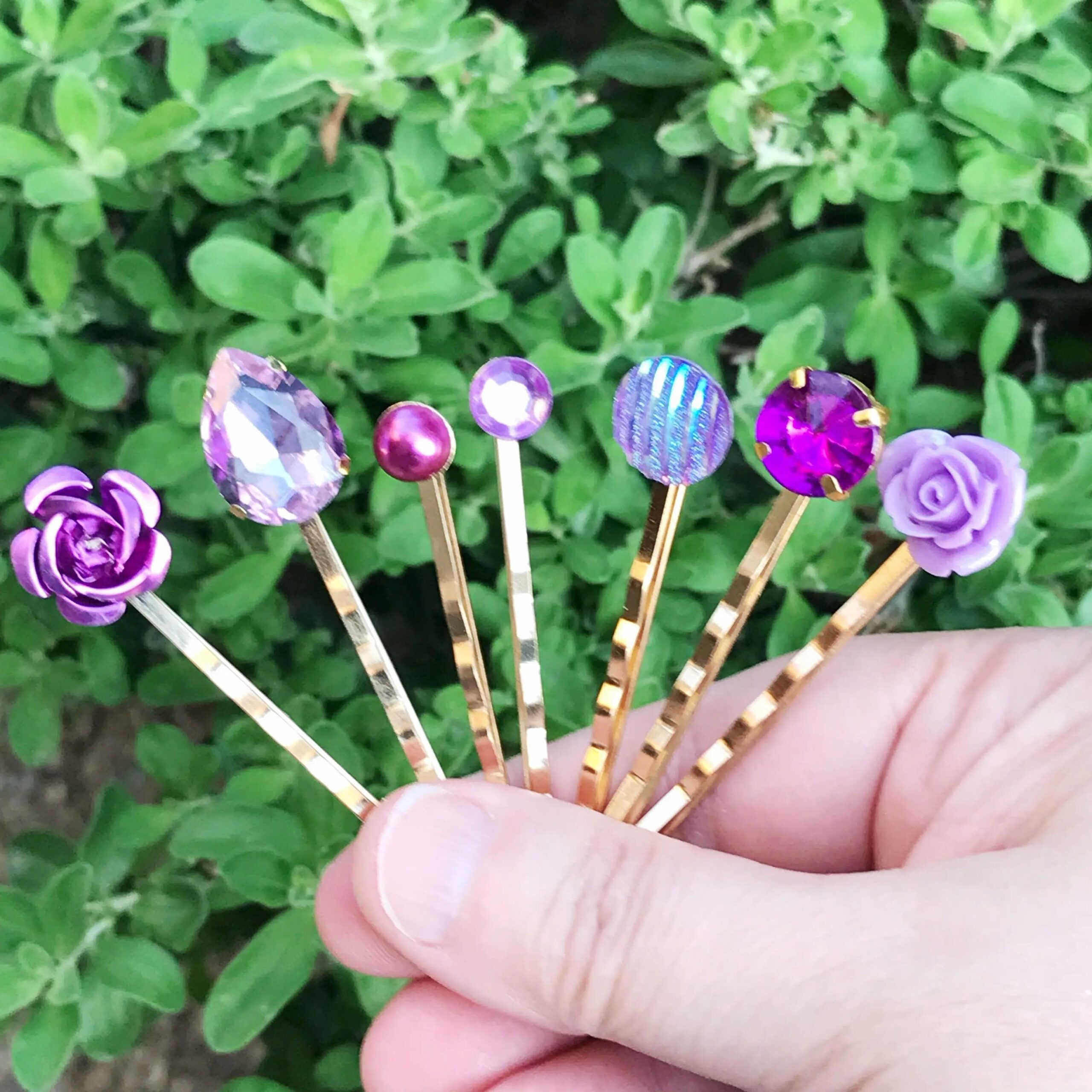 Purple-Gold-Hair-Pins-Neutral-Hair-Pin-Minimalist-Wedding-Hair-Jewelry-Women-Hair-Clip-Modern-Bobby-Pins-Lavender-Flower-Hair-Barrettes-9 Purple Hair Pins Set of 7 – Gold Rhinestone Bobby Pins - Image 10