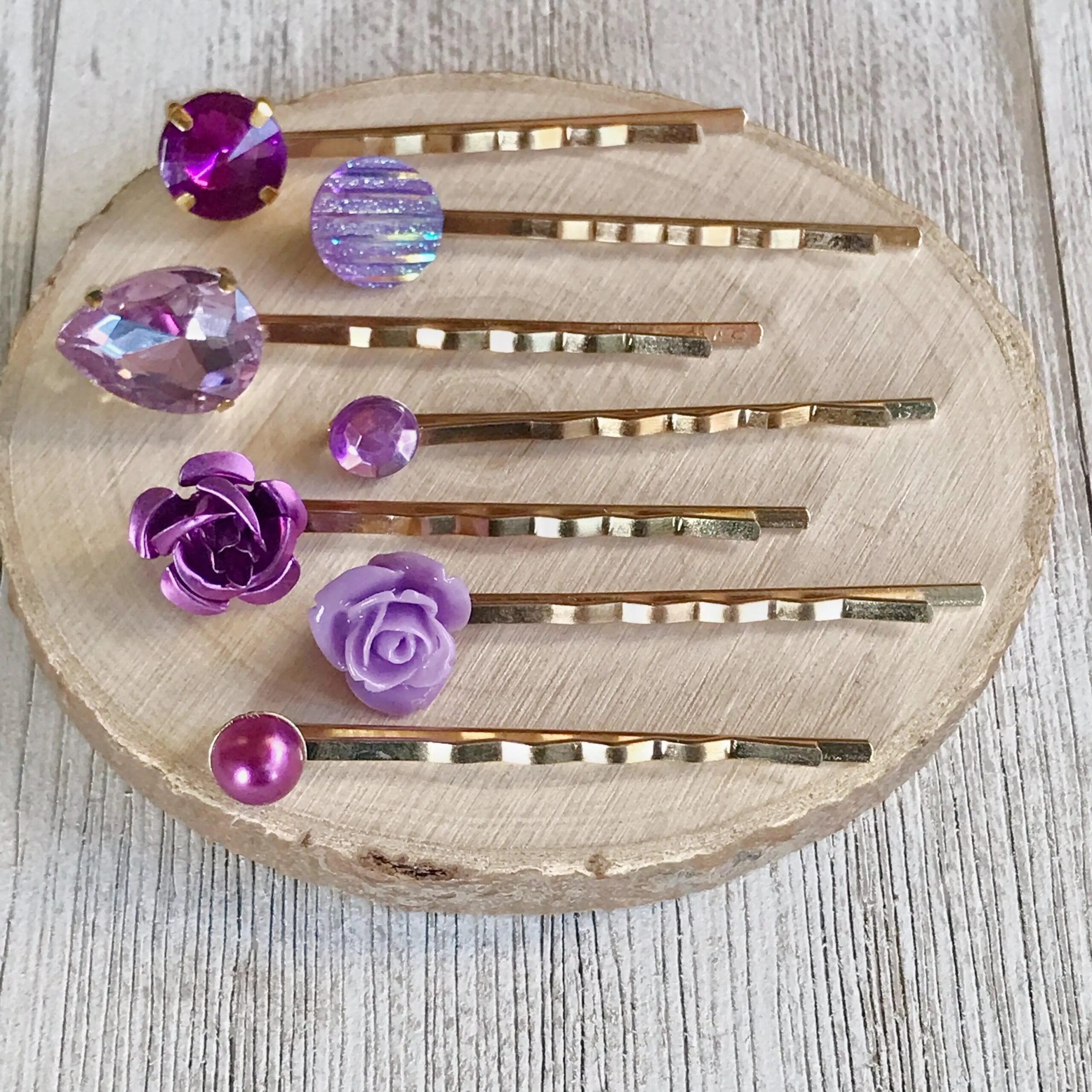 Purple-Gold-Hair-Pins-Neutral-Hair-Pin-Minimalist-Wedding-Hair-Jewelry-Women-Hair-Clip-Modern-Bobby-Pins-Lavender-Flower-Hair-Barrettes Purple Hair Pins Set of 7 – Gold Rhinestone Bobby Pins - Image 2