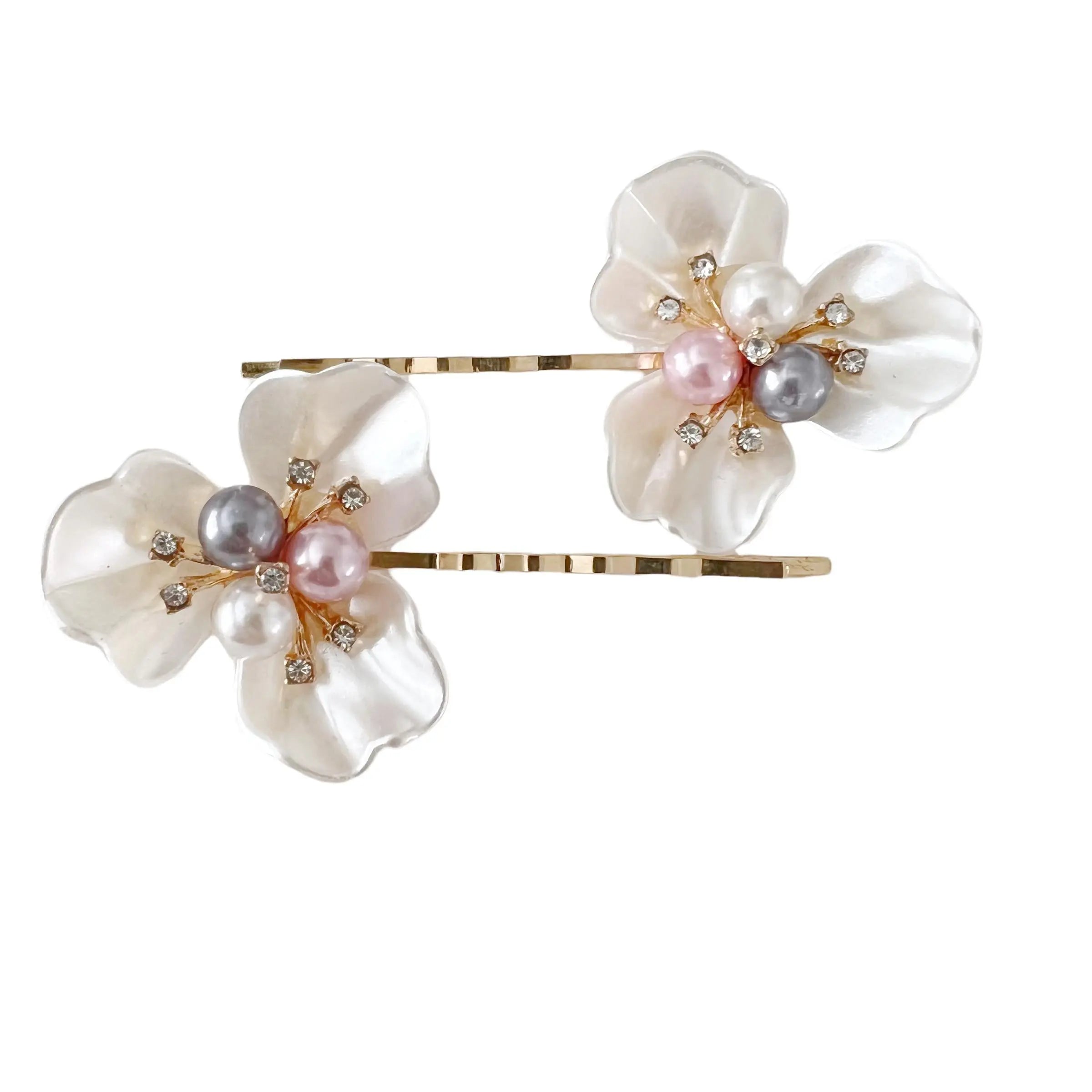 White-Floral-Hair-Pin-Set_9e0a9c44-f442-4f57-91bd-3dee5ef17a4d Floral Pearl Bridal Hair Pins Set of 2 – Gold Wedding Bobby Pins - Image 2