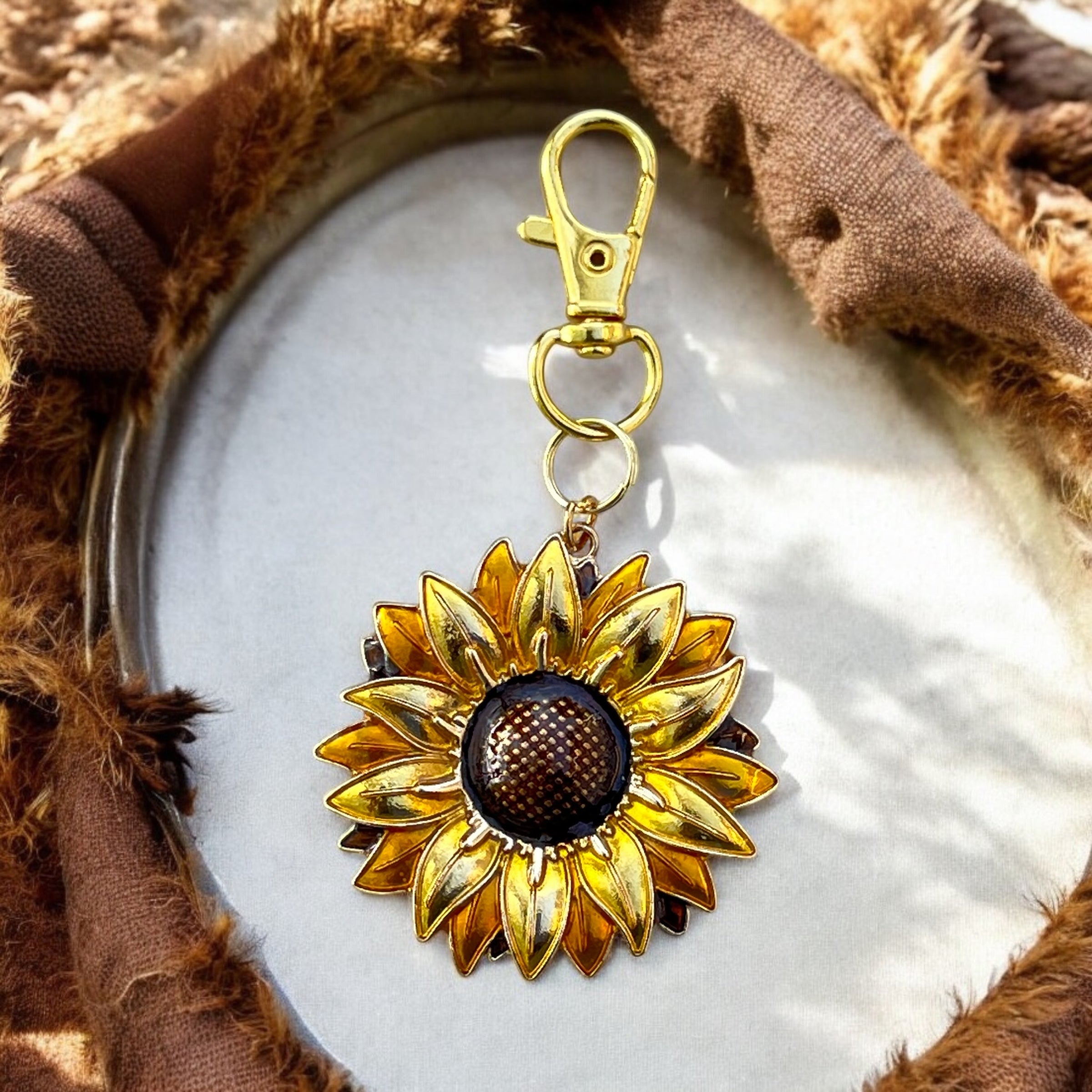 gold-sunflower-keychain-brown-fabric Sunflower Purse Charm – Gold Boho Bag Accessory - Image 8