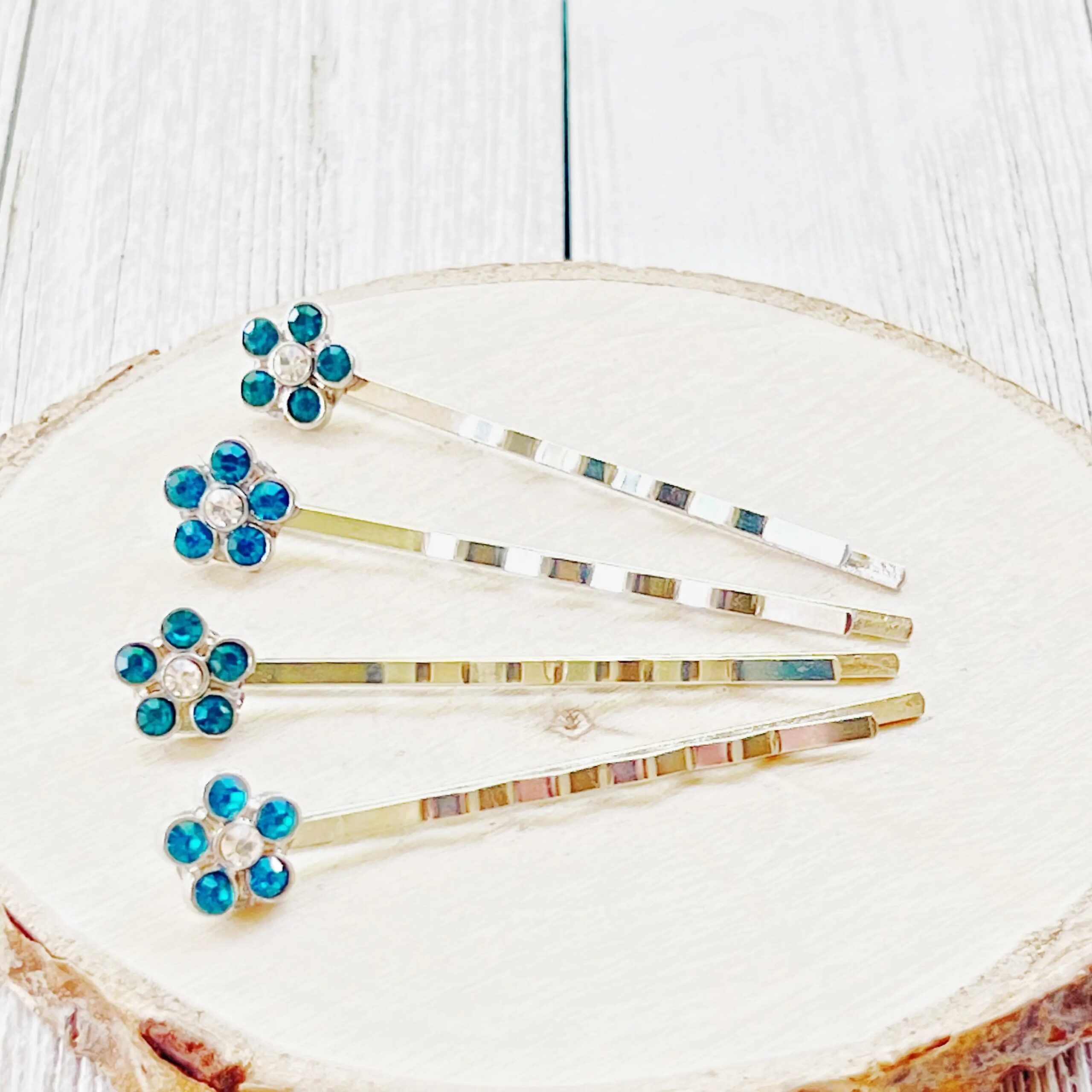 image_6a05976b-ea66-4ef2-ae9c-f7ab17dad556 Blue Rhinestone Flower Hair Pins Set of 4 – Silver Bobby Pins - Image 3
