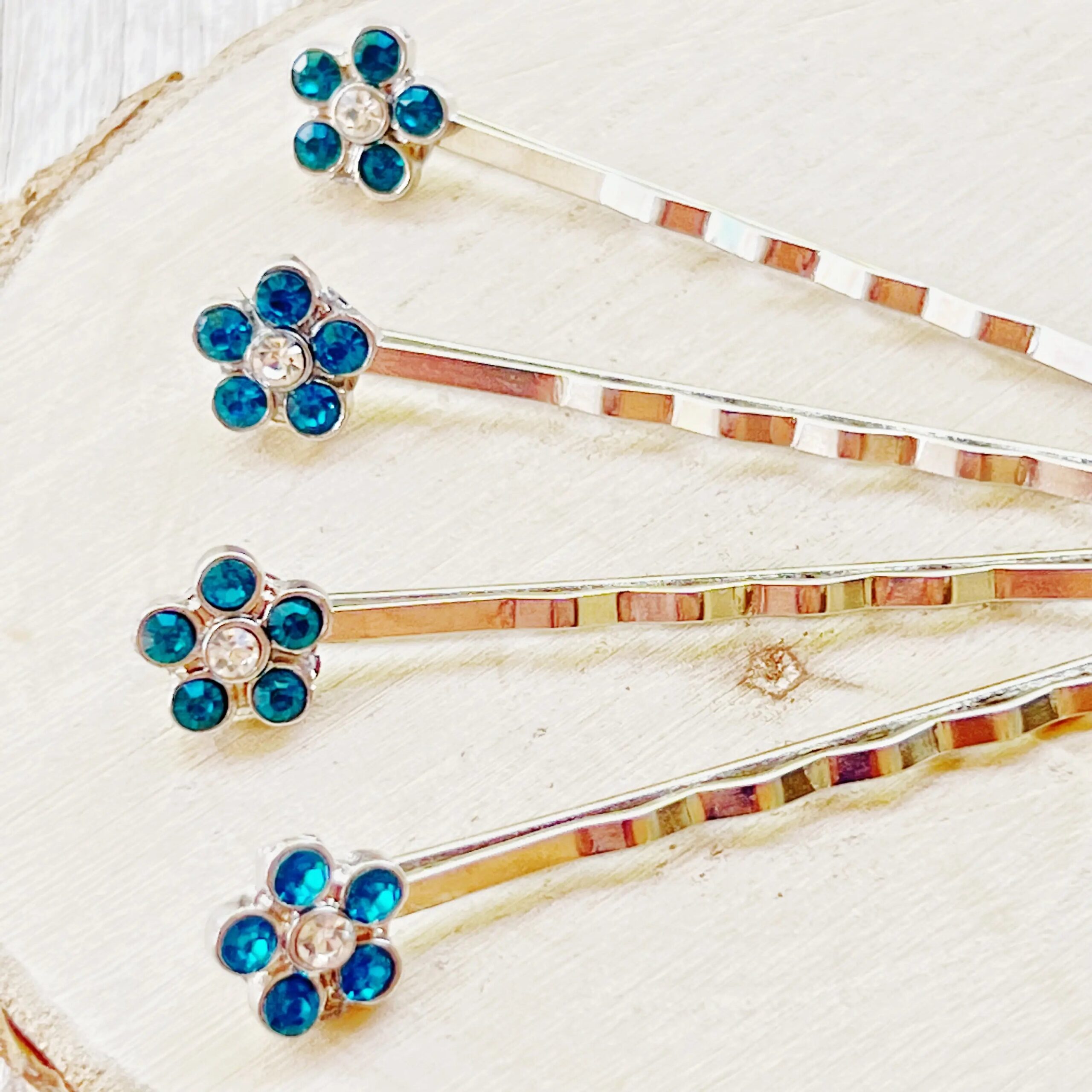 image_df435f7c-48fb-427b-9d5b-7e975a980cc3 Blue Rhinestone Flower Hair Pins Set of 4 – Silver Bobby Pins - Image 2
