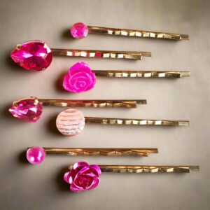 Pink Rhinestone Hair Pins Set of 7 – Gold Floral Bobby Pins