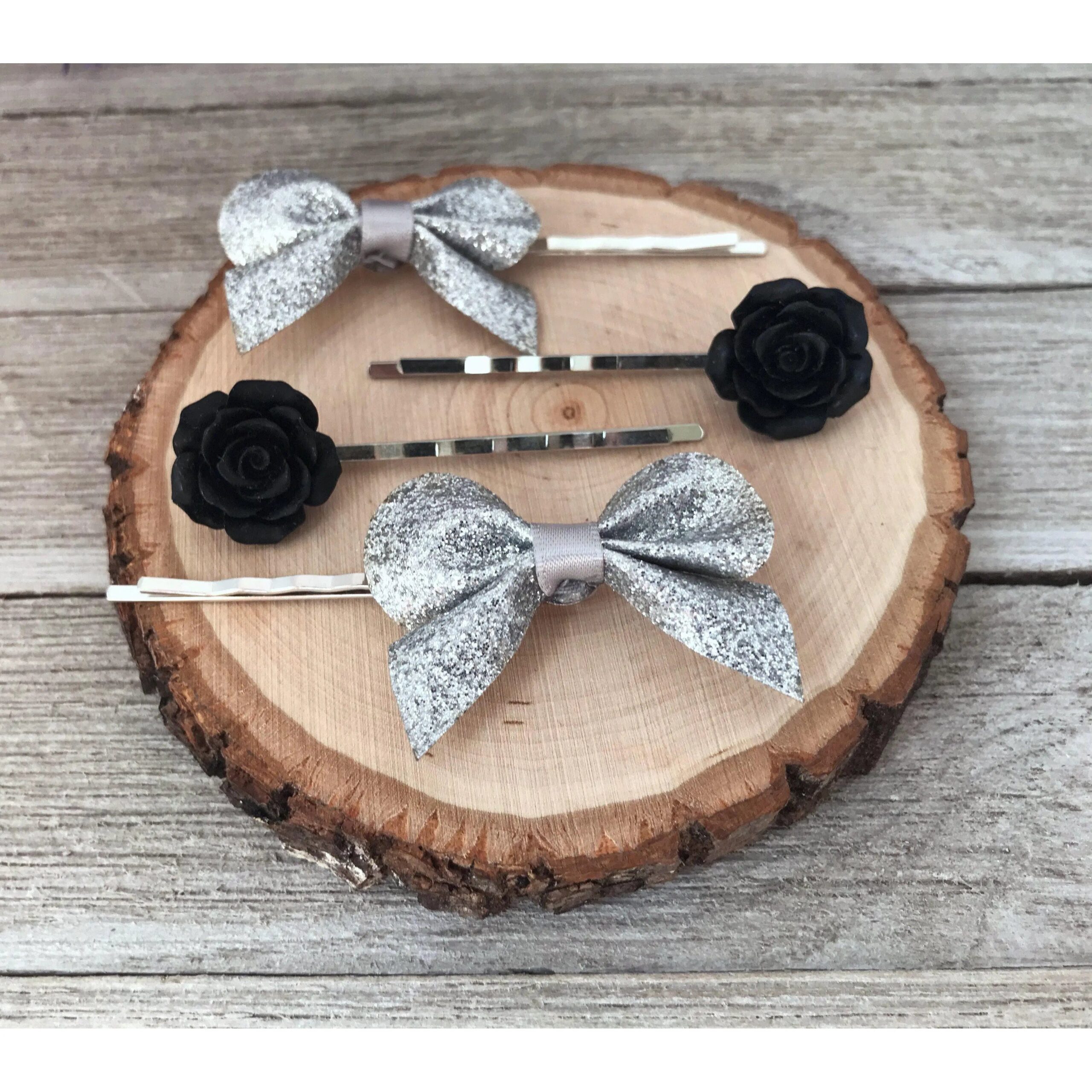silver bow and black rose hair pin set 2 silver bow and black rose hair pin set 2