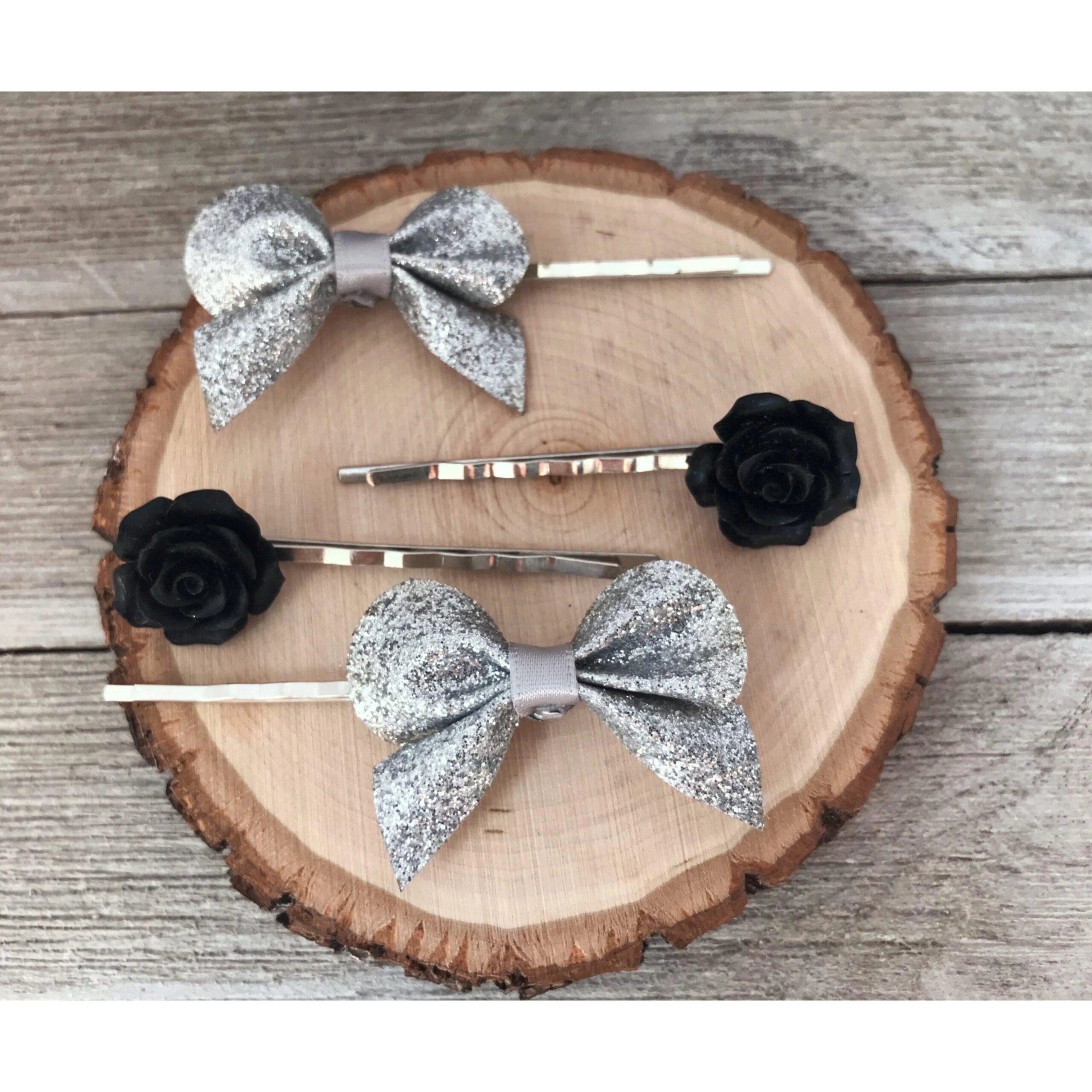 silver bow and black rose hair pin set 3 silver bow and black rose hair pin set 3