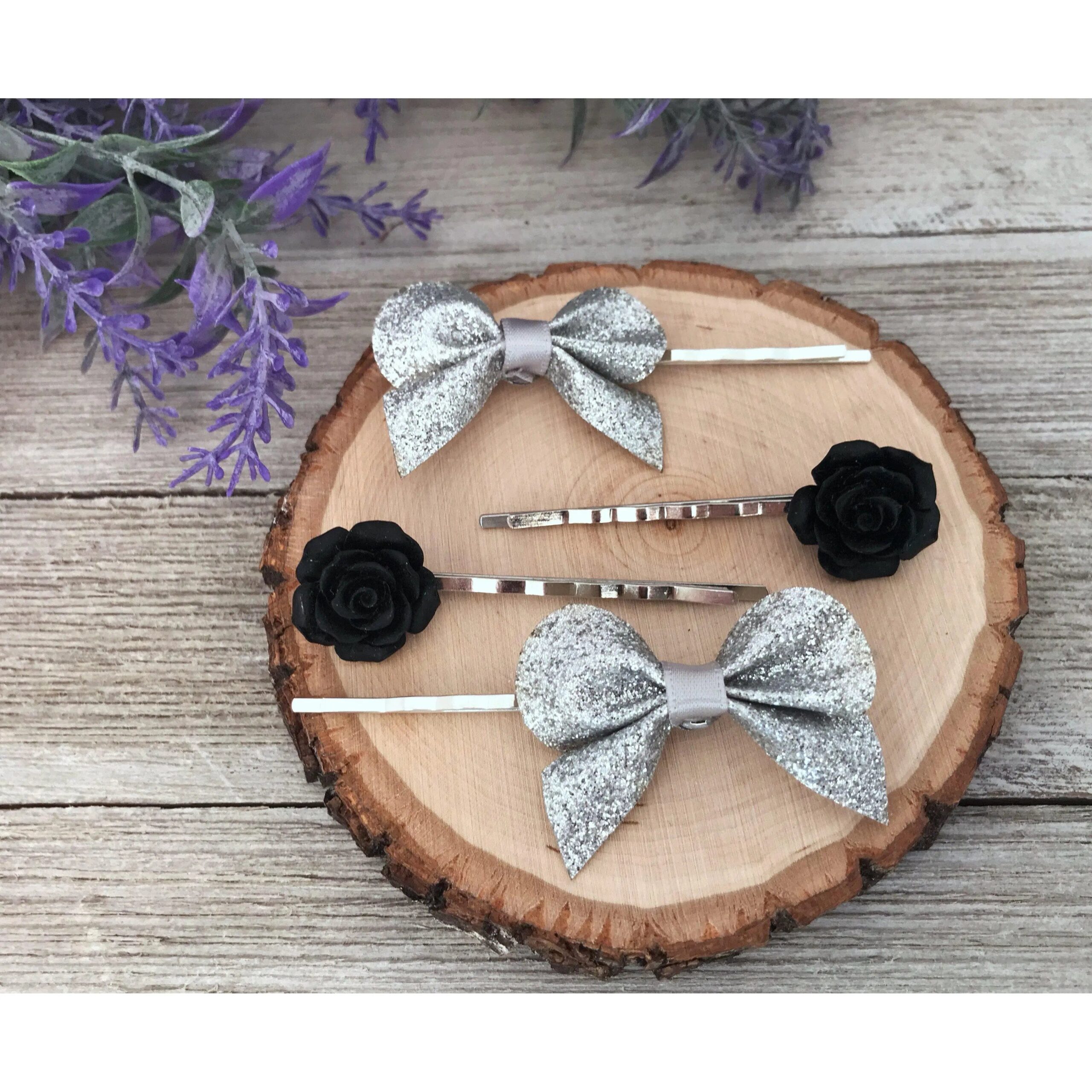 silver bow and black rose hair pin set silver bow and black rose hair pin set