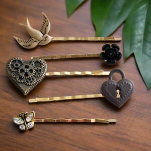Steampunk Hair Pin Set – Vintage Heart, Lock, Rose & Bird Clips