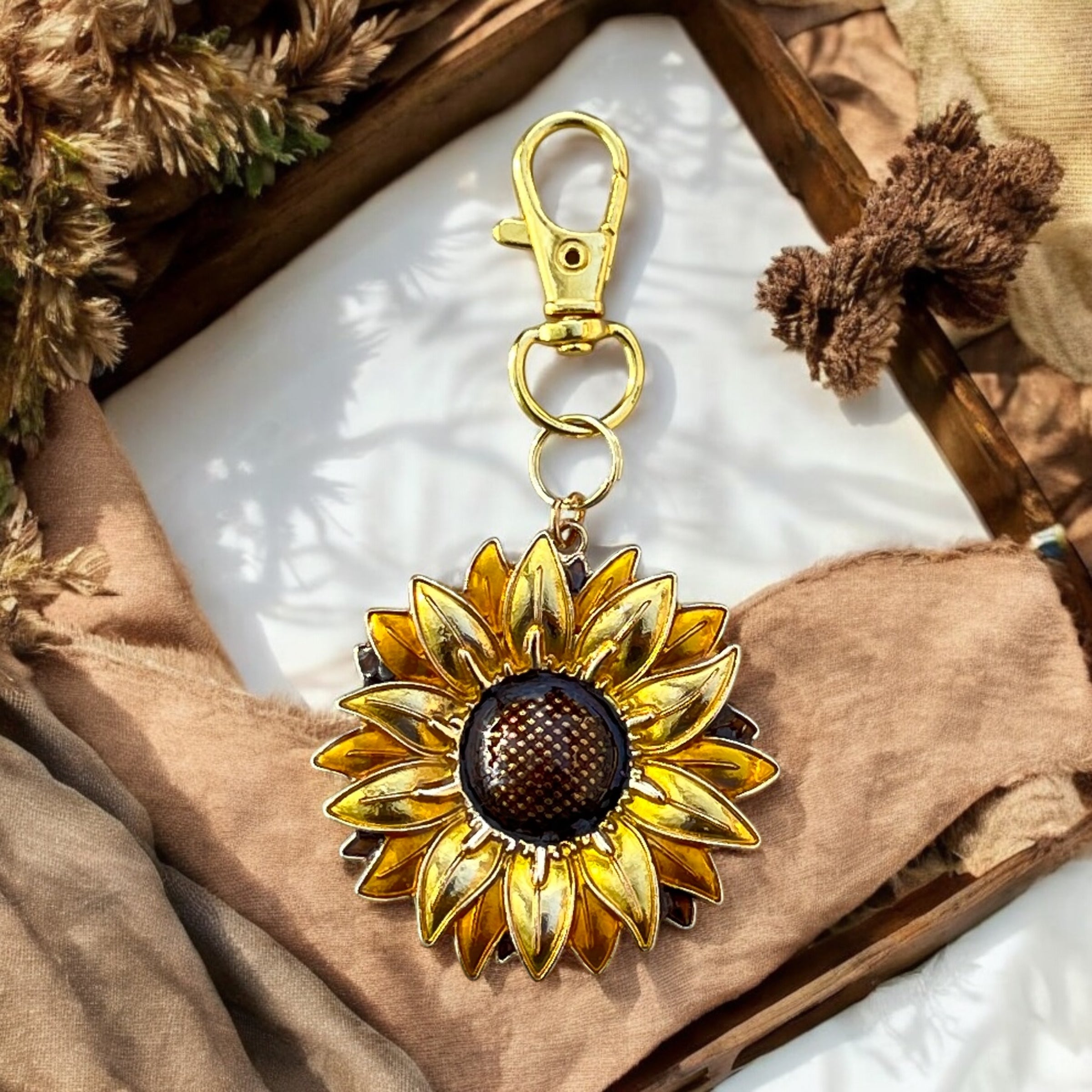 sunflower-handbag-charm-rustic-linens Sunflower Purse Charm – Gold Boho Bag Accessory - Image 3